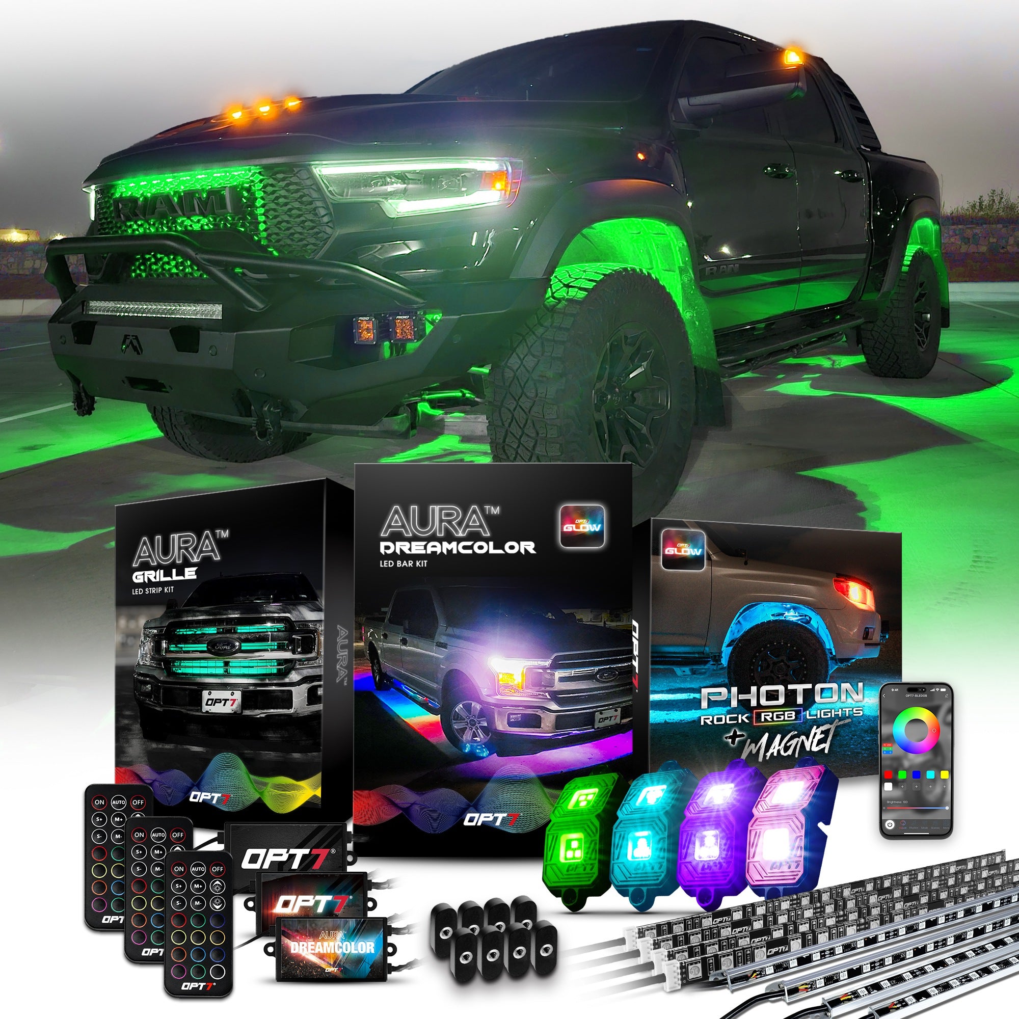 OPT7 Aura LED Lighting Kit Bundle Grille Dreamcolor Underglow Photon RGB Remote Control