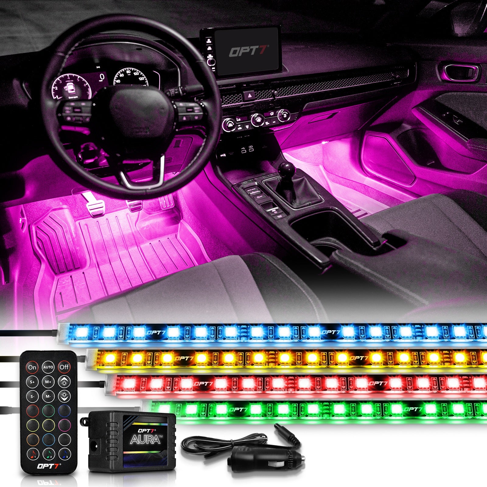 AURA LED Interior Ambient Lighting Kit - Remote Control Full Color Spe –  OPT7 Lighting Inc