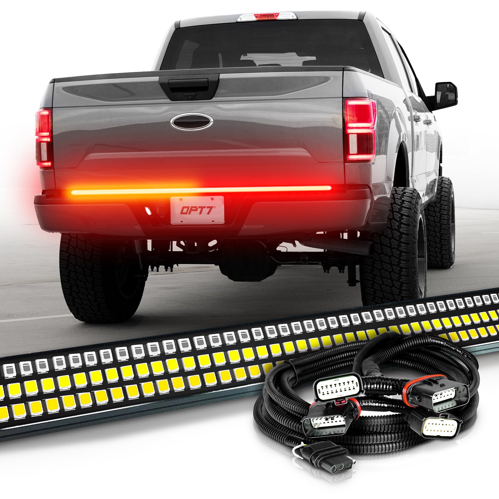 OPT7 Redline Triple LED Tailgate Light Bar - 1200 LEDs, Sequential Turn Signals, IP67 Waterproof, No-Drill Install