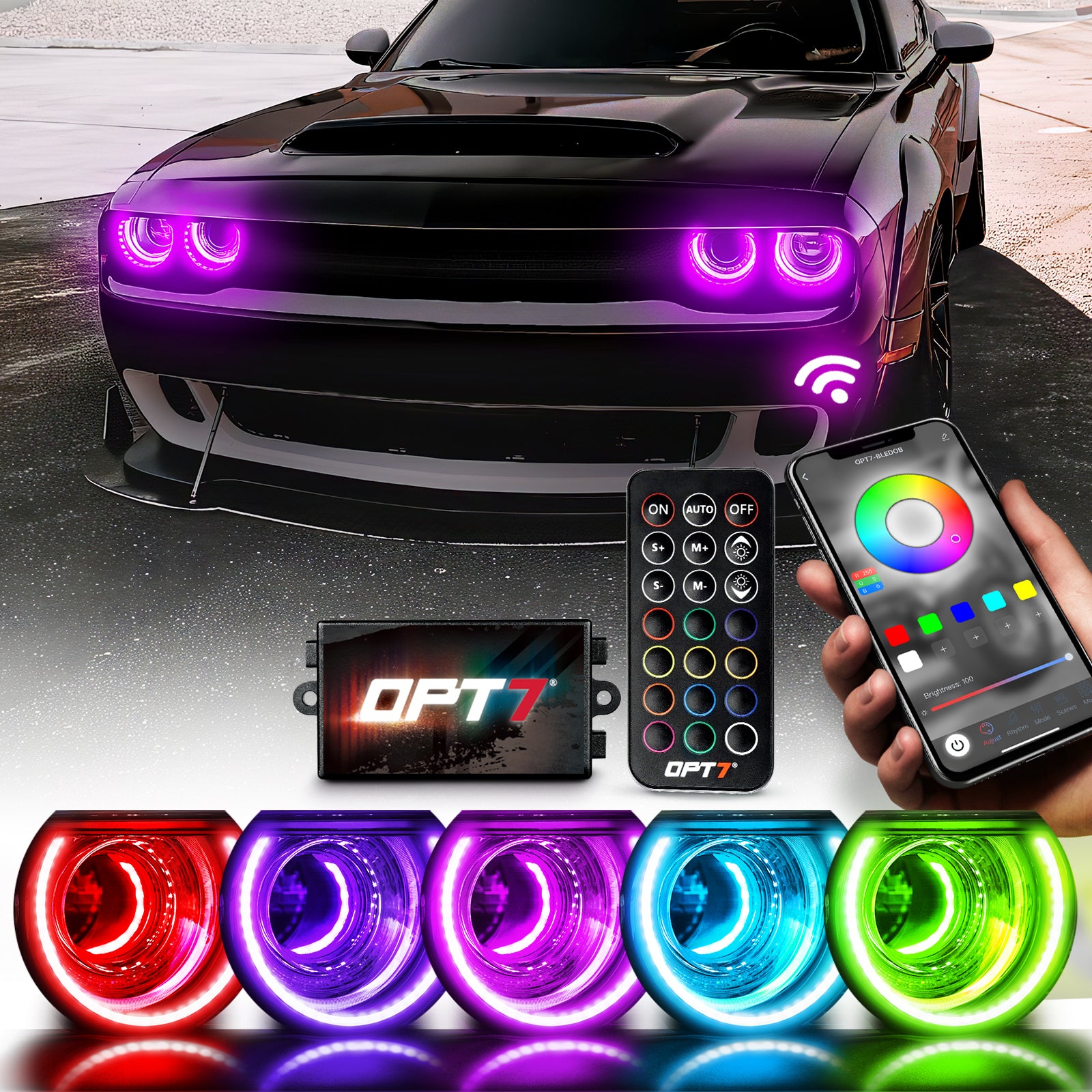 RGB Halo Ring Angel Eyes Kit For Dodge Challenger 2008-2014 – Bluetooth App Control, 7000K LED DRL