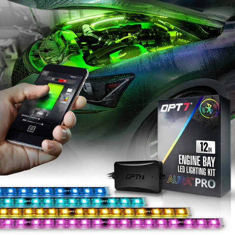 Aura Pro Engine Bay LED Lighting Kit ( 4 x 12-Inch or 4 x 24-inch) - Bluetooth Enabled App Full Color Spectrum 4 x12 inch LED Strips
