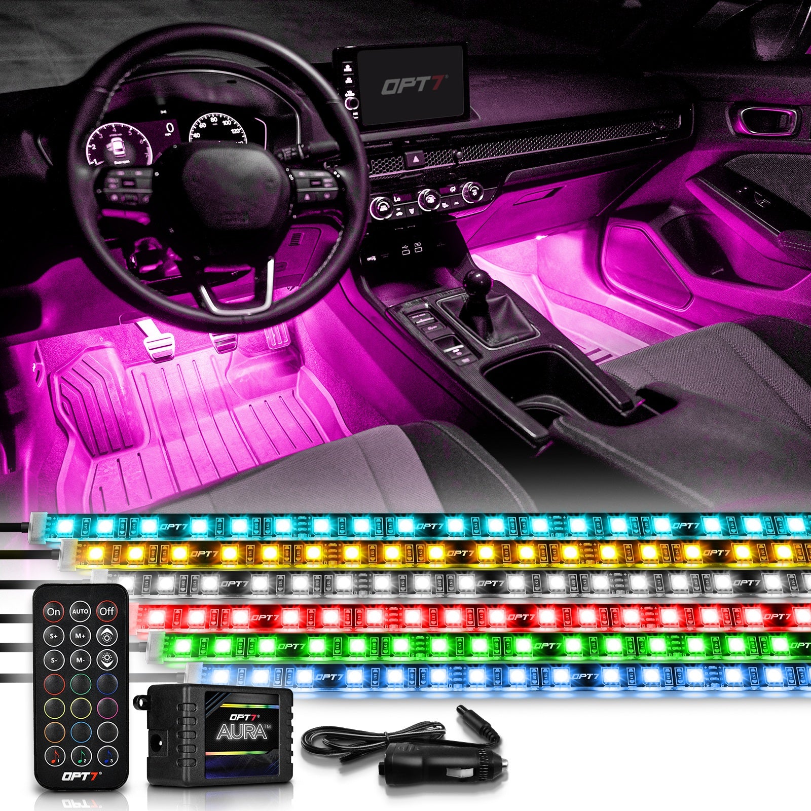AURA LED Interior Ambient Lighting Kit - Remote Control Full Color Spe –  OPT7 Lighting Inc