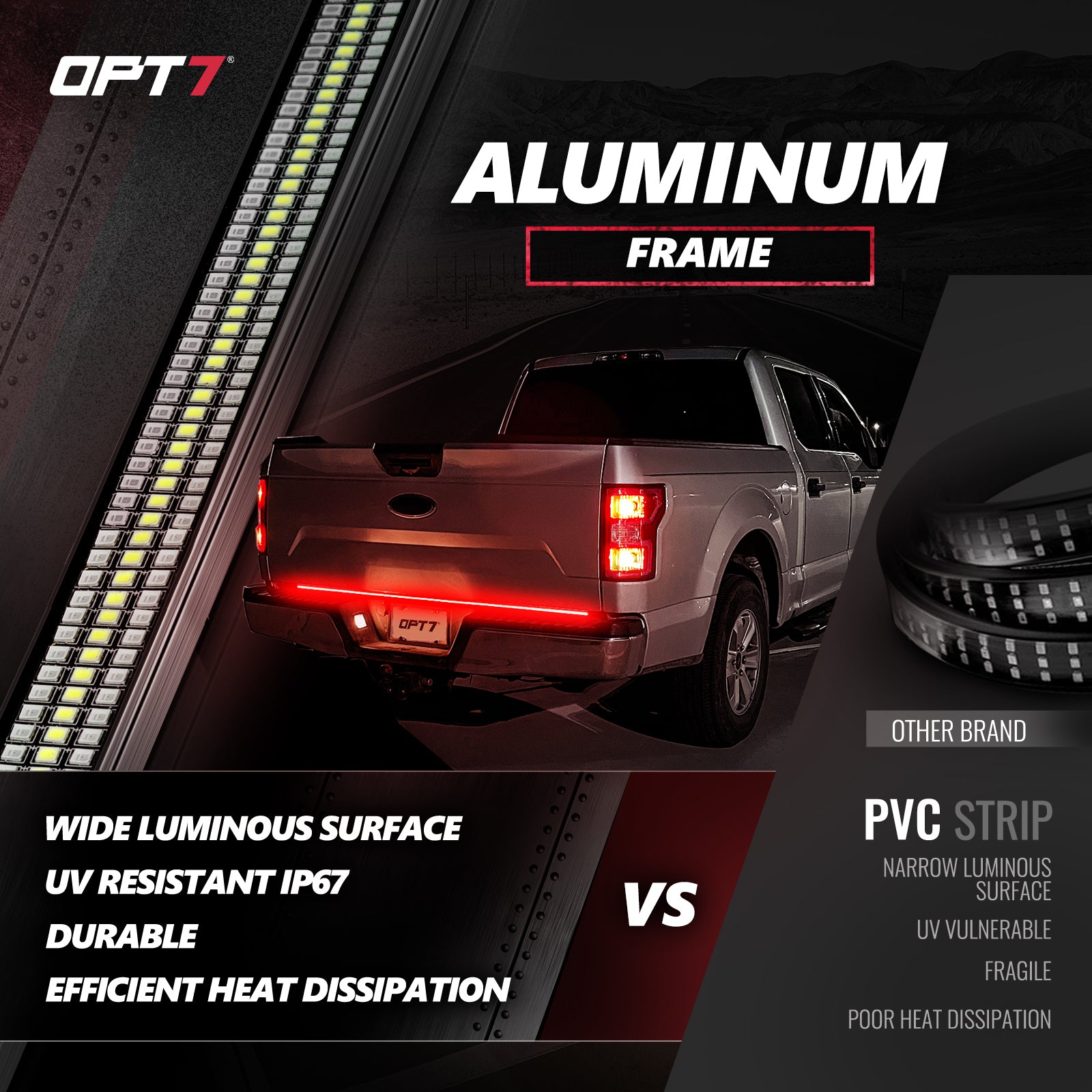 OPT7 60 Redline Parlux Standard LED Tailgate Light Bar w/Red Turn Signal,  IP67 Weatherproof Rigid Aluminum Frame Light Strip for Trucks - No-Drill