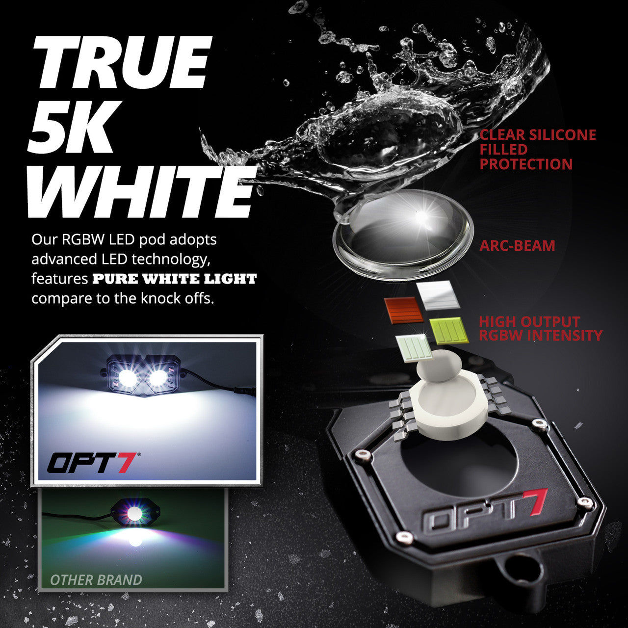 OPT7 AURA Quantum RGBW Rock Light Kit 4 Pods Remote IP68 OPT7 AURA Quantum 4-Piece RGBW LED Rock Light Kit - 1600 Lumens Per Pod, IP68 Waterproof, With Remote Control Under Glow - Foto 4